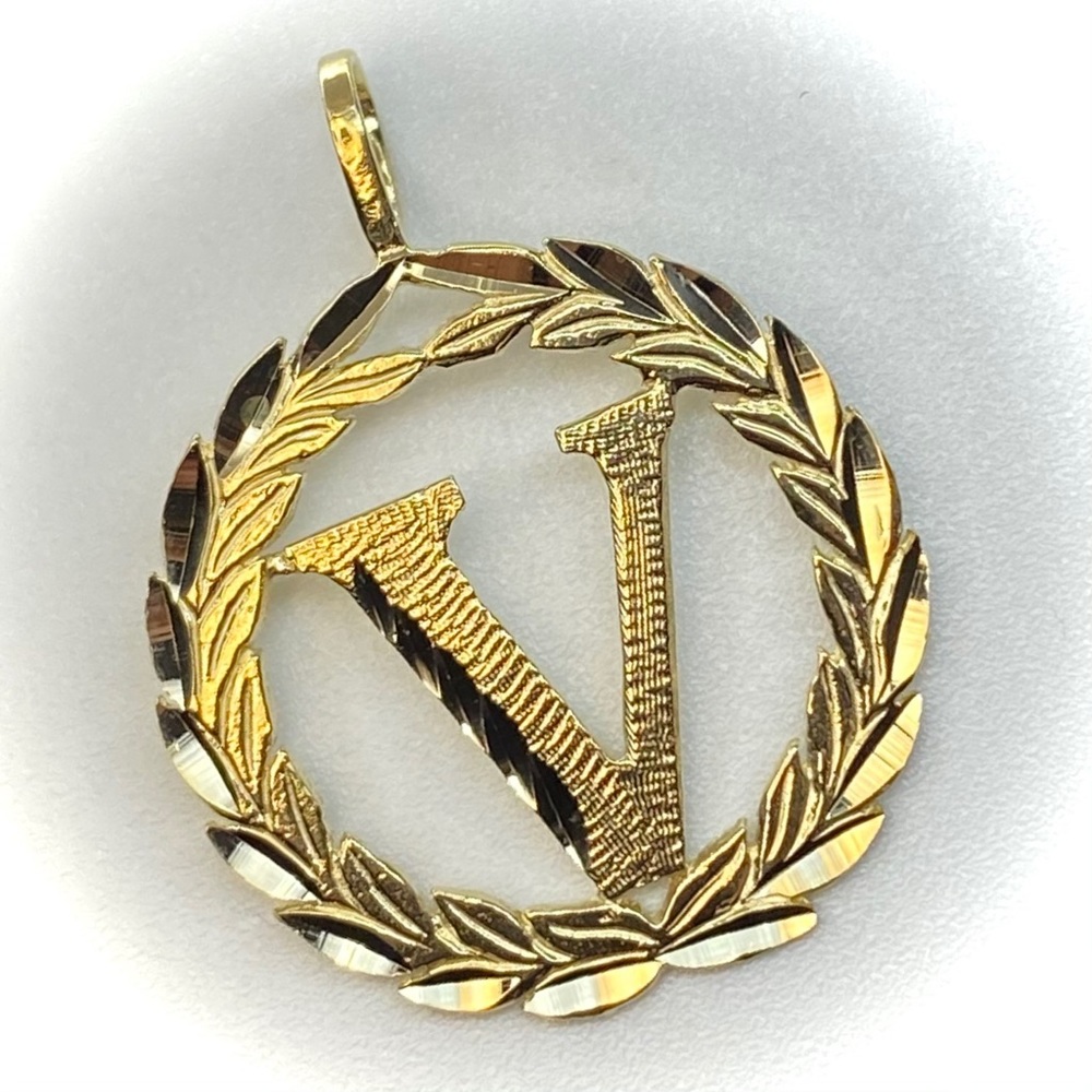 14K Solid Gold Round Initial Letter V Pendant